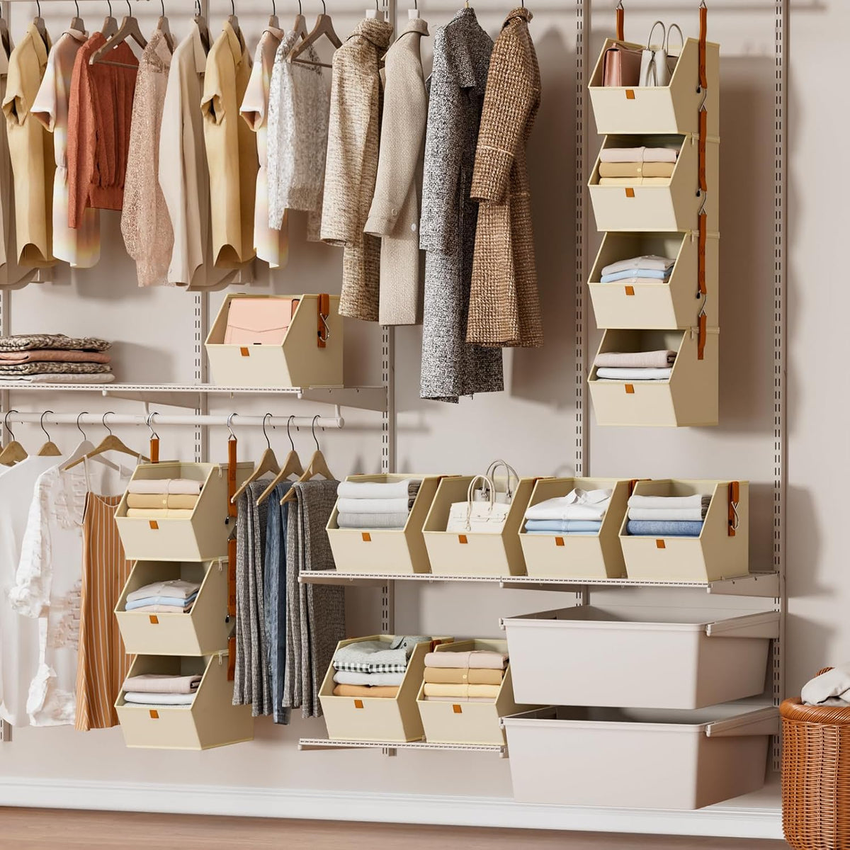Homsorout Hanging Closet Organizer 4 Tier - Clothes Hanging Shelves, Space-Saving Closet System, Fabric Storage Bins Bedroom Organization, Collapsible Baskets for Home, Dorm, Rv, Beige