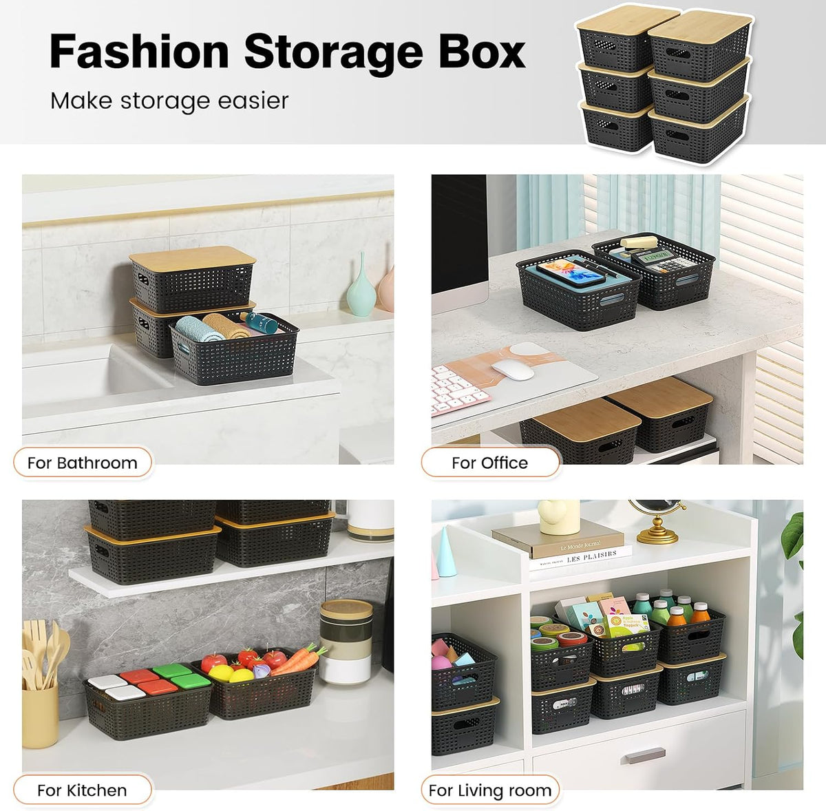 Ohmlove 6 Pack Plastic Storage Baskets with Bamboo Lids for Organization