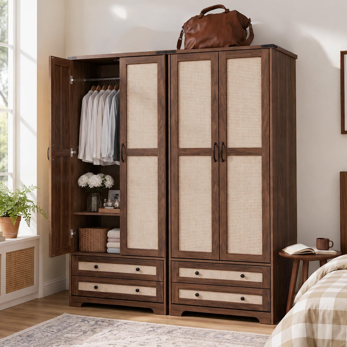 Yechen 71" Wooden Armoire Wardrobe Closet with 2 Doors & 2 Drawers, Natural
