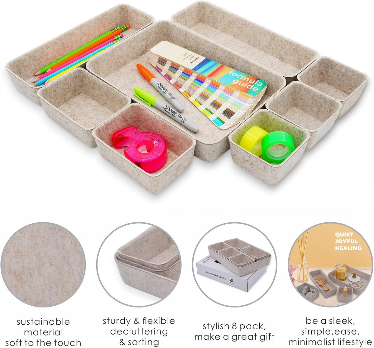Welaxy 8pc Nordic Felt Desk Drawer Organizer Tray Beige Oatmeal Storage Bin