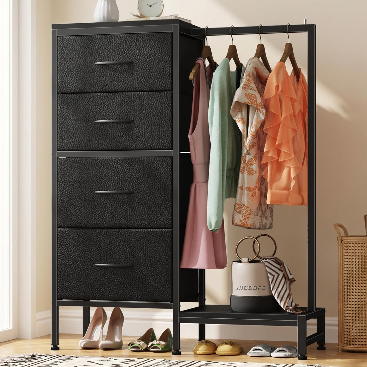 HIGDBFE Tall Dresser 44''H with Hanging Rack, 4 Drawers Small Closet Dresser for Bedroom, Reversible Fabric Chest of Drawers with Clothes Rack, Tall Storage Tower, Sturdy Frame, White