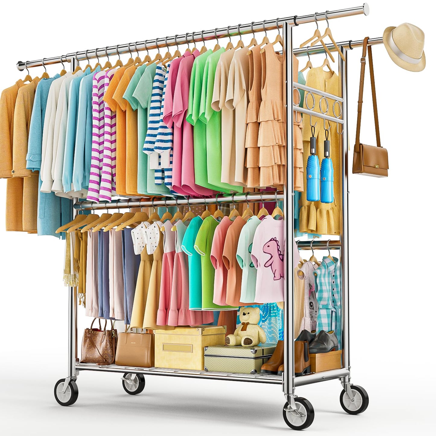 Heavy Duty Clothes Rack Load 960LBS, Three Rods Rolling Clothing Racks for Hanging Clothes, Rolling Garment Rack With Sturdy Wheels Shelves Hooks, Portable & Adjustable Commercial Garment Rack, Silver