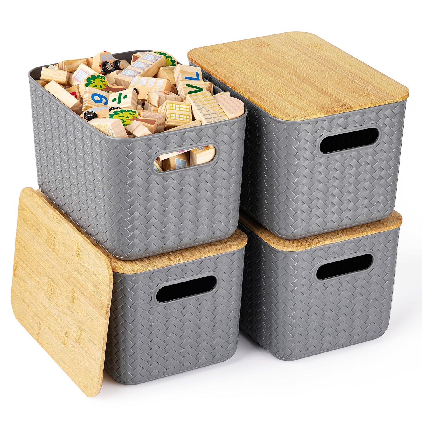 Ohmlove 4 Pack Storage Bins with Bamboo Lids,Stackable Box for Organization