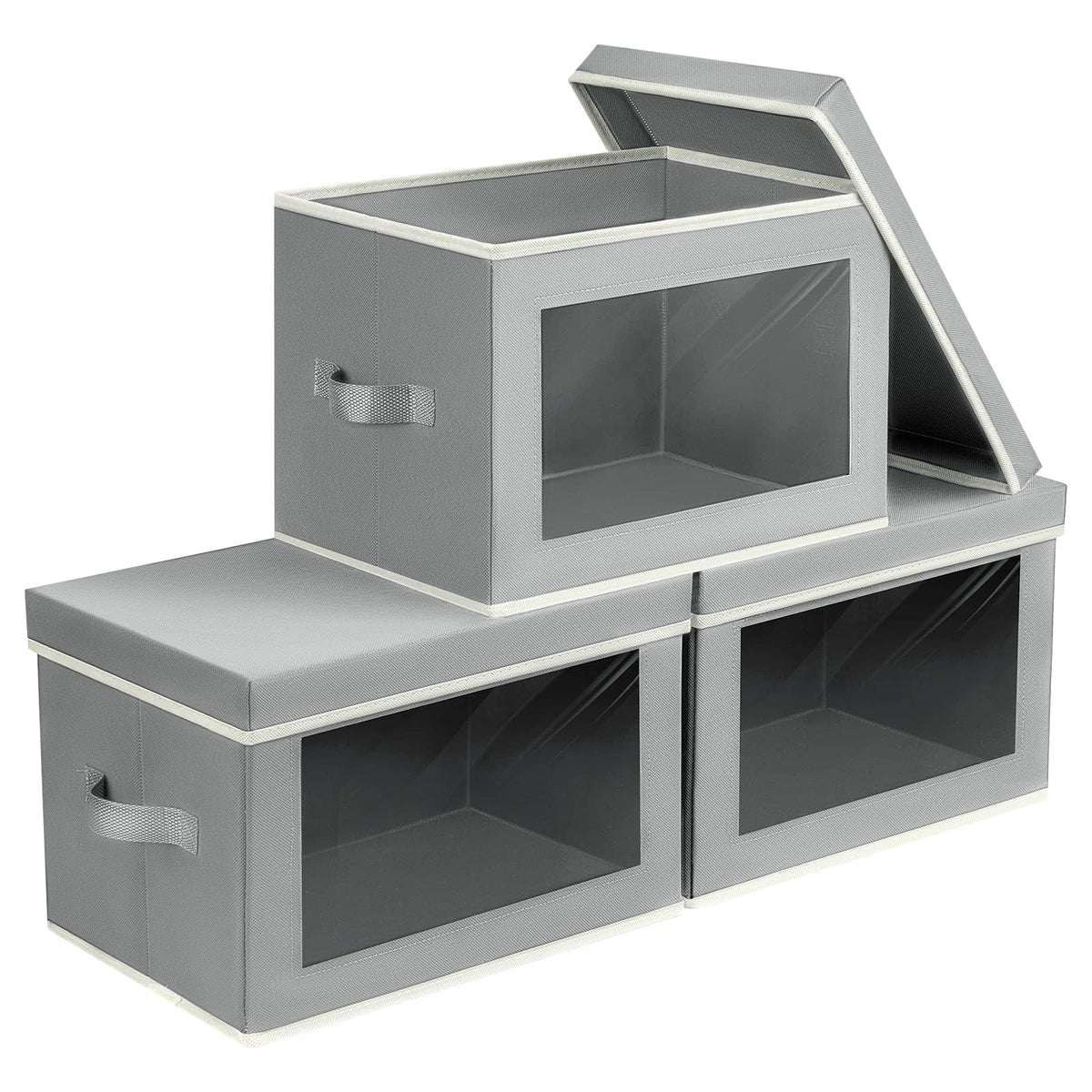 Homsorout Storage Bins with Lids - Fabric Storage Boxe with Window, Collapsible Closet Organizers with Handles, 3 Pack Decorative Bin, Home Cubes Baskets for Clothes, Hat, Books, Dark Grey