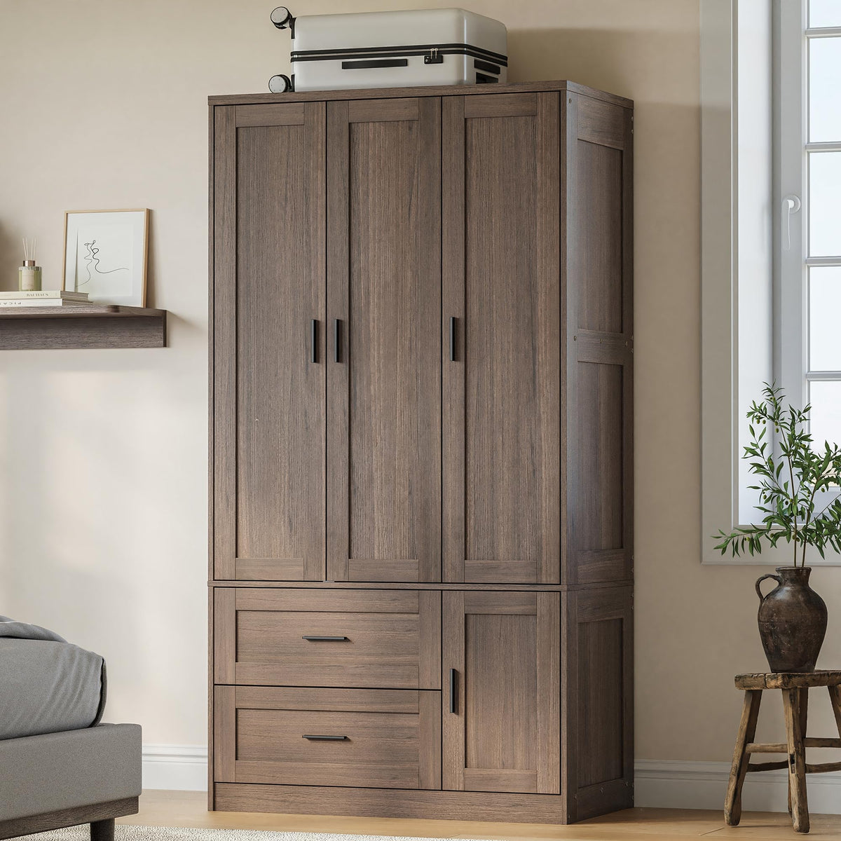ANCTOR 3-Door Armoire Wardrobe Closet with 2 Drawers and Shelves, White