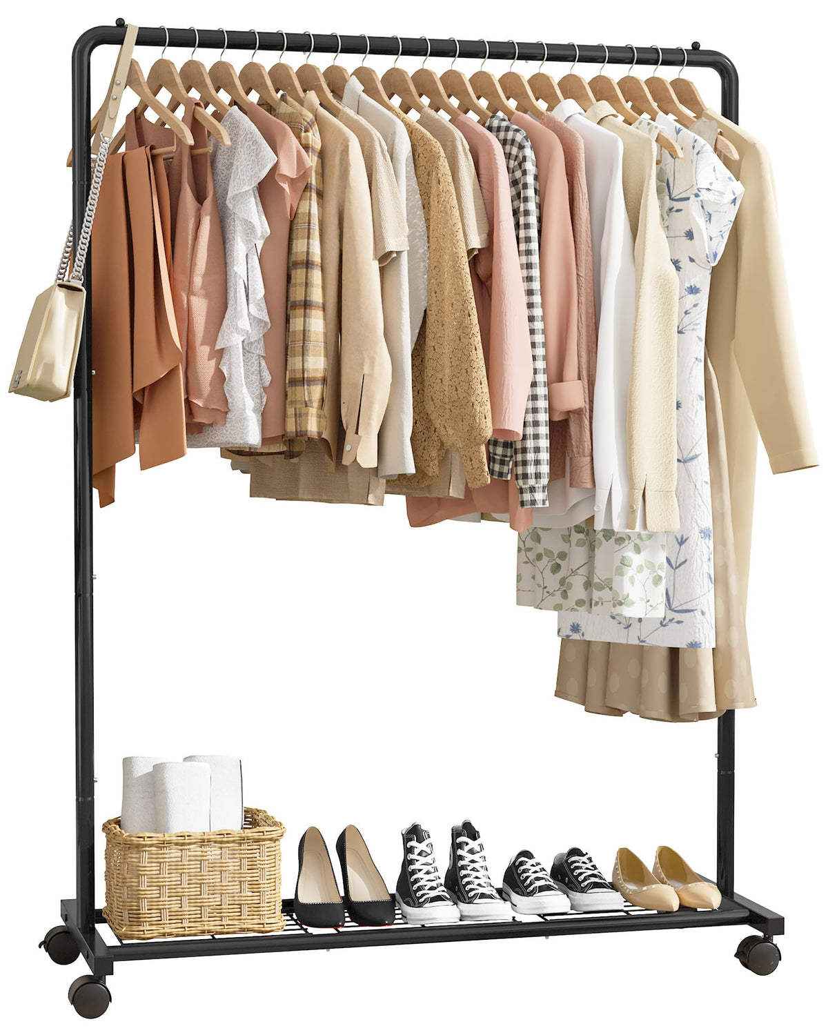 Sakugi Clothes Rack - Clothing Rack with Storage Mesh Shelf & Casters, Heavy-Duty Metal Clothing Rack for Hanging Clothes, Dresses, Coats, Large Load Capacity, Easy Assembly, Black, 28.0"x16.9"x59.0"