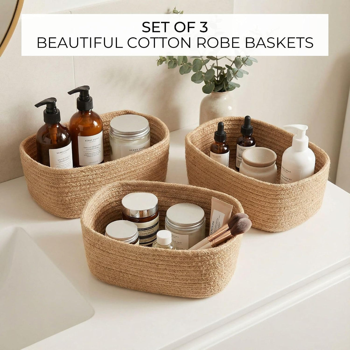 Beautiful Storage Basket Set of 3 - Sturdy Jute Rope Baskets for Shelves