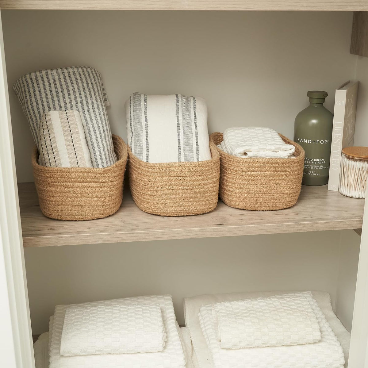 Beautiful Storage Basket Set of 3 - Sturdy Jute Rope Baskets for Shelves