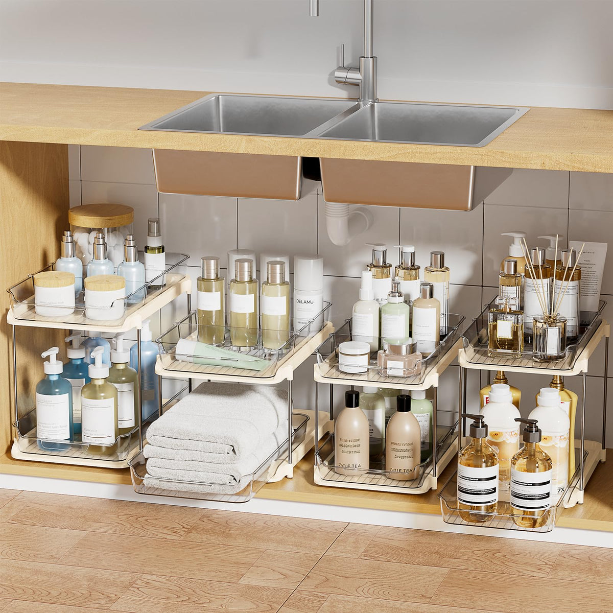 Delamu 2-Tier Multi-Purpose Bathroom Under Sink Organizers and Storage, Stackable Kitchen Pantry Organization, Pull Out Medicine Cabinet Organizer with Movable Dividers, White, 2 Pack