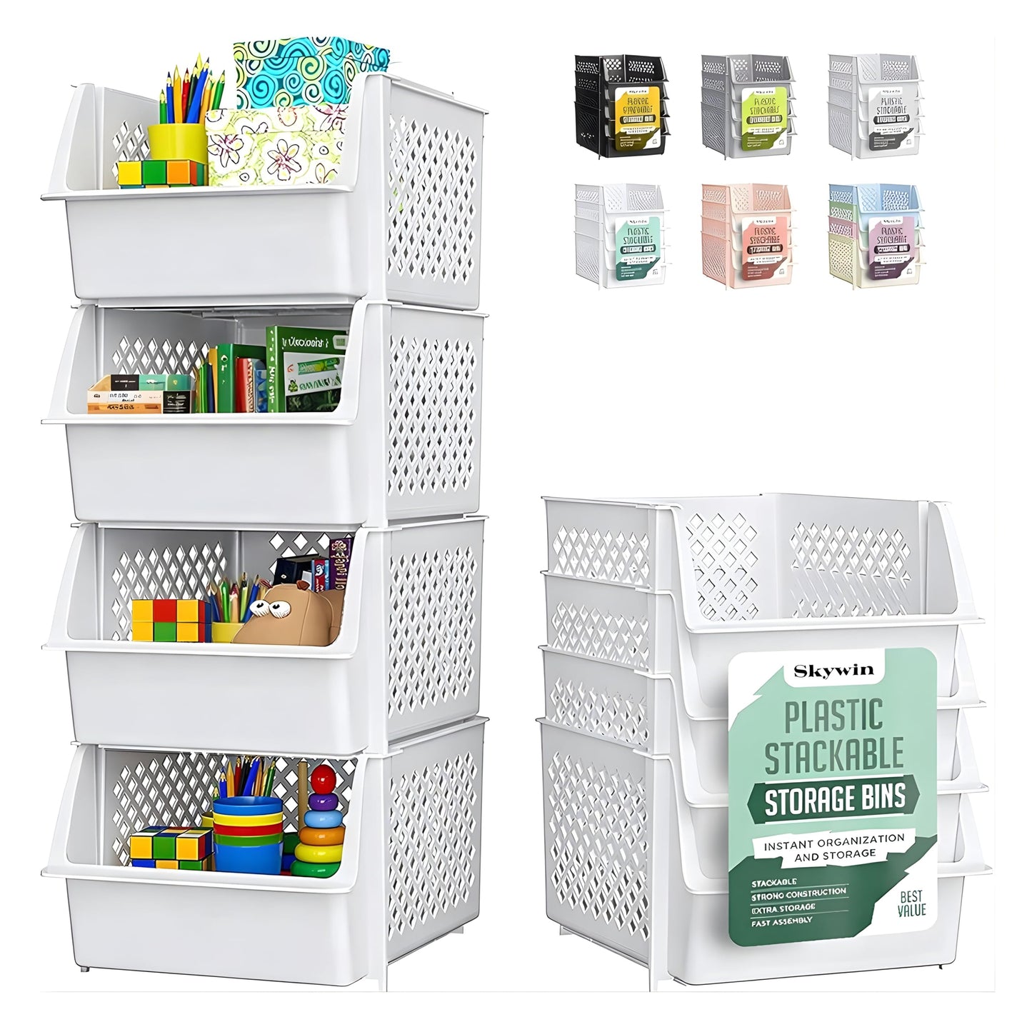 Skywin Stackable Storage Bins Open Front for Pantry Storage, 4 Pack - Multi