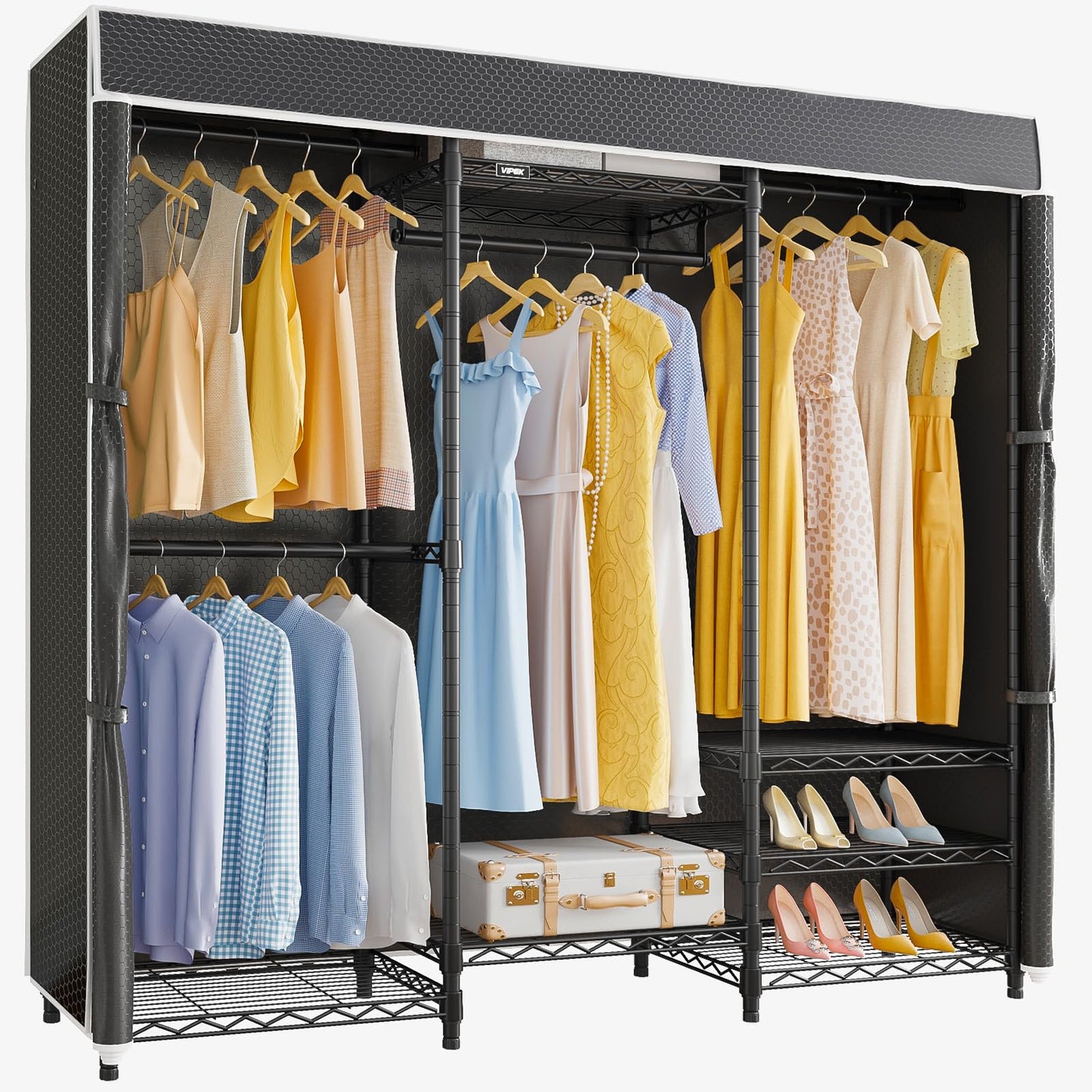 VIPEK V5C Heavy Duty Covered Clothes Rack Portable Closet Rack, Black Metal Clothing Rack with Black Upgarded Polyester Cover, Adjustable Custom Freestanding Closet Wardrobe, Max Load 800LBS