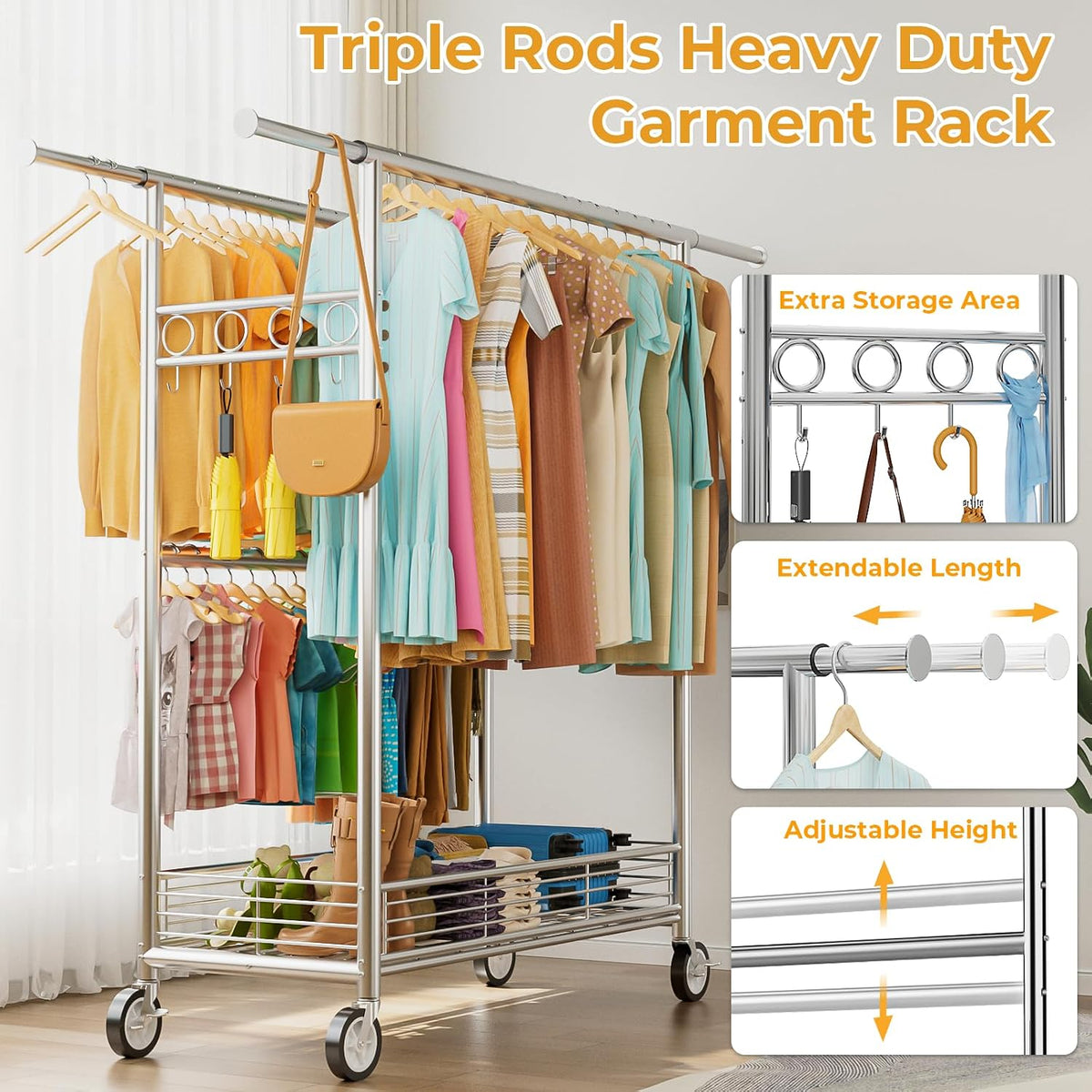 Heavy Duty Clothes Rack Load 960LBS, Three Rods Rolling Clothing Racks for Hanging Clothes, Rolling Garment Rack With Sturdy Wheels Shelves Hooks, Portable & Adjustable Commercial Garment Rack, Silver