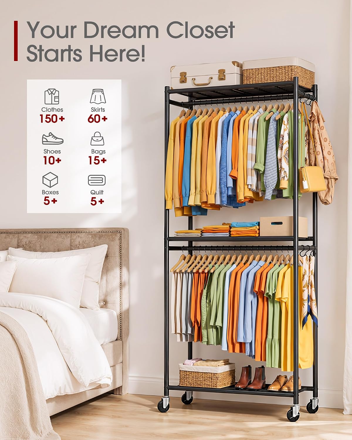 Sakugi Clothes Rack - 33.0" x 12.2" x 79.5" Clothing Rack with Shelves & Wheels, Multi-Functional Wardrobe Closet with Hooks, Sturdy Metal Garment Rack for Bedroom, Laundry, Balcony (Black)