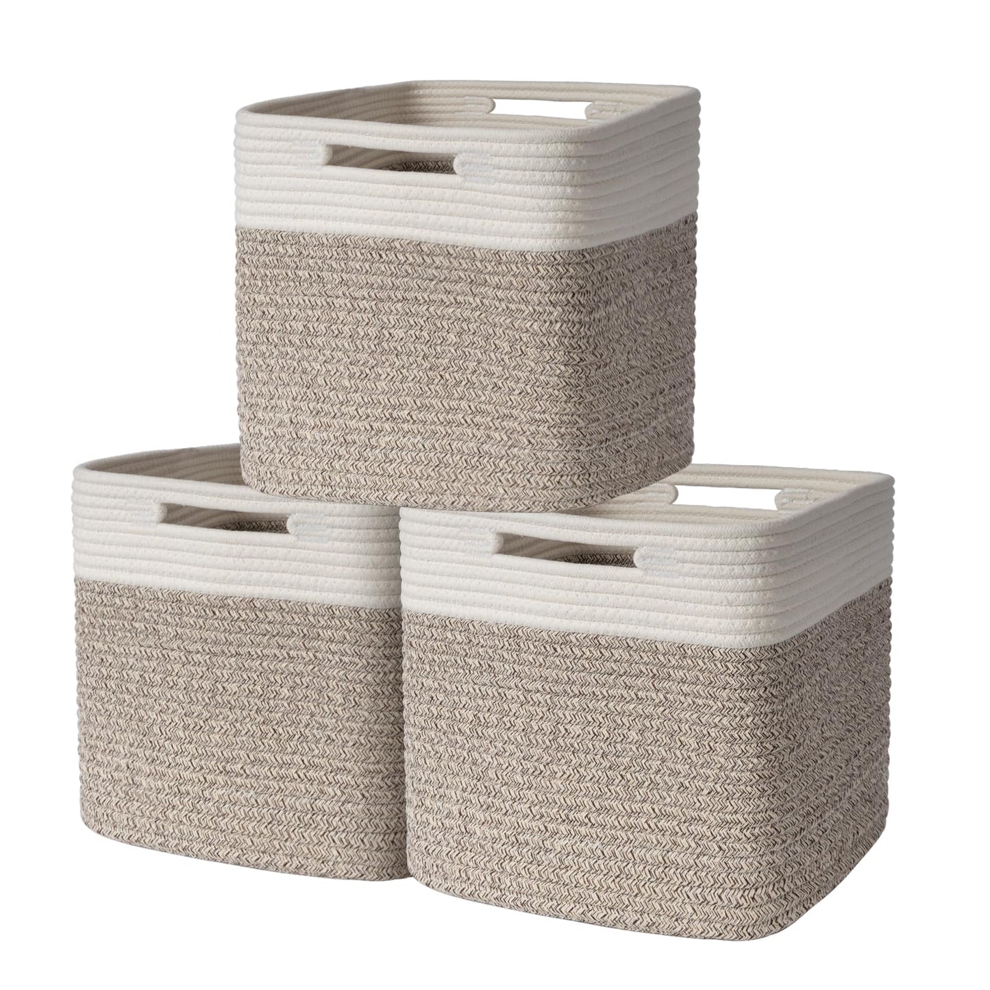 AELS Hand Woven Cotton Basket for Storage, Cube Storage Bins with Handles, Foldable Collapsible Closet Organizers and Storage, Boho Farmhouse Storage Cubes for Shelves, Beige