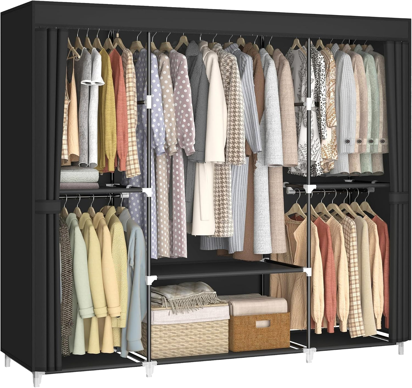 MOGELAFOO 64.5” Portable Closet, Freestanding Wardrobe Clothes Rack with Fabric Cover, 5 Hanging Rods and 6 Storage Shelves for Bedroom, Black