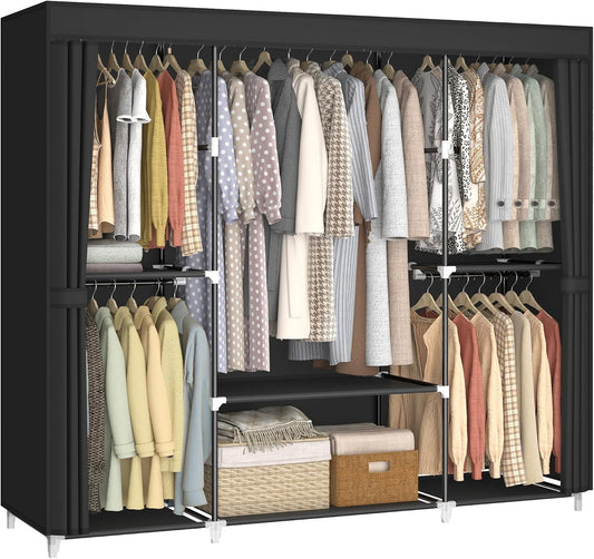 MOGELAFOO 64.5” Portable Closet, Freestanding Wardrobe Clothes Rack with Fabric Cover, 5 Hanging Rods and 6 Storage Shelves for Bedroom, Black