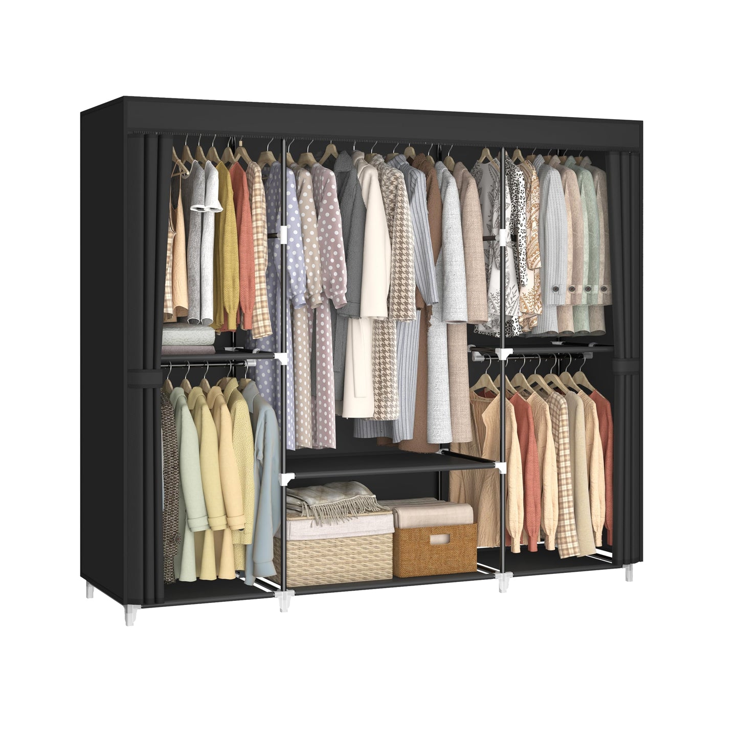MOGELAFOO 64.5” Portable Closet, Freestanding Wardrobe Clothes Rack with Fabric Cover, 5 Hanging Rods and 6 Storage Shelves for Bedroom, Black