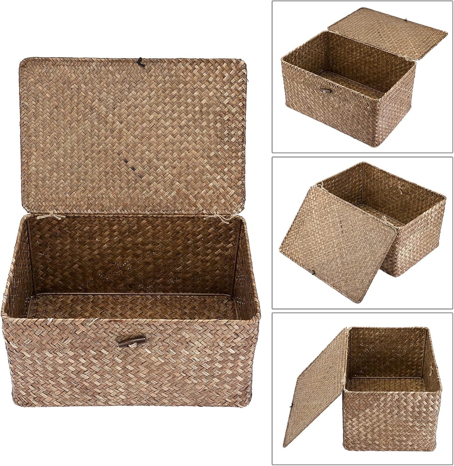 Hipiwe Wicker Shelf Baskets Bin with Lid Large Handwoven Basket Box, Coffee