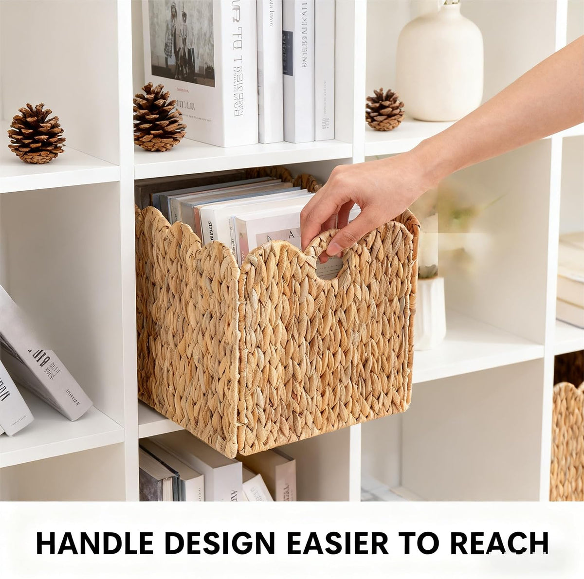 Scalloped Wicker Storage Cubes Basket, 12”x12“ Heavy Duty Paper rope/Hyacinth/Seagrass Baskets for Shelves, Foldable Natural Boho Square Bins (Water Hyacinth&10.5 x 10.5 x 10.5in&4-Pack)