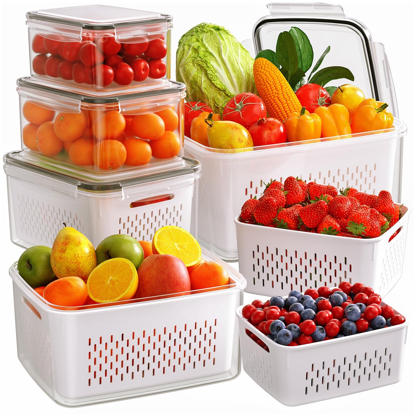 5-Pack Fruit Storage Containers for Fridge with Removable Colanders, 4 in 1 Produce Storage Containers with Lids, Leakproof Fridge Organizer Bins for Salad Berry Lettuce Vegetables Meat Keeper Fresh
