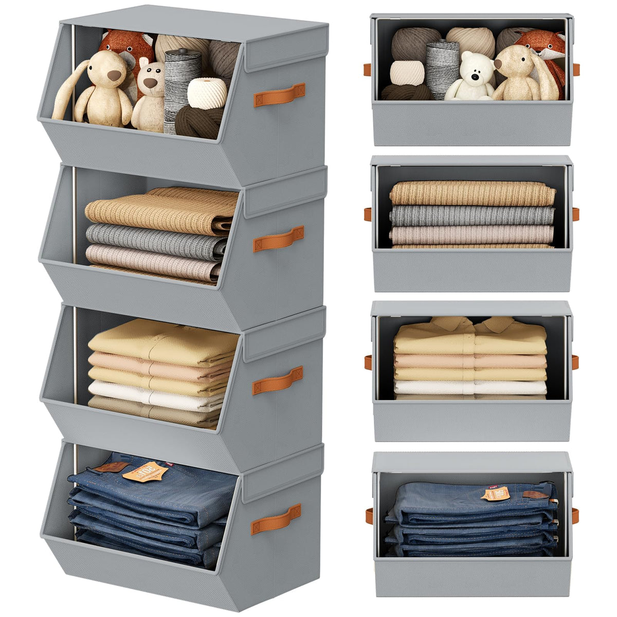 Stackable Closet Organizers and Storage Bins, Open Front Closet Shelf Organizer System With Steel Frame, Clothes Storage Basket Fabric, Collapsible Closet Drawers for Wardrobe, Nursery ,Toy, 4 Pack