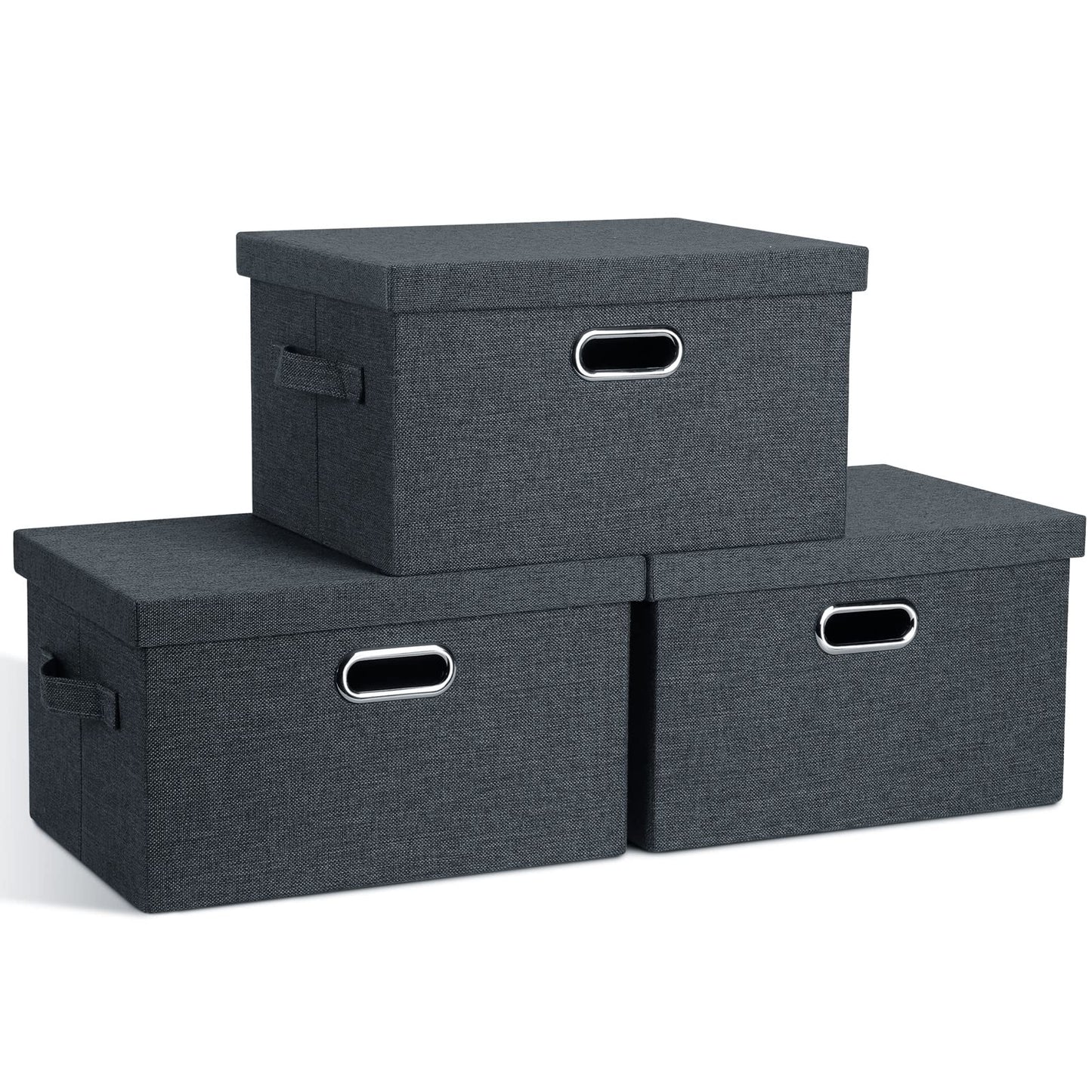 Graciadeco Large Quart Collapsible Stackable Storage Bins with Lids, 3 Packs Beige Linen Fabric Closet Boxes with Lids, Storage Cube Baskets Container Organizers for Bedroom Office(16.6 x 11.7 x 10.8)
