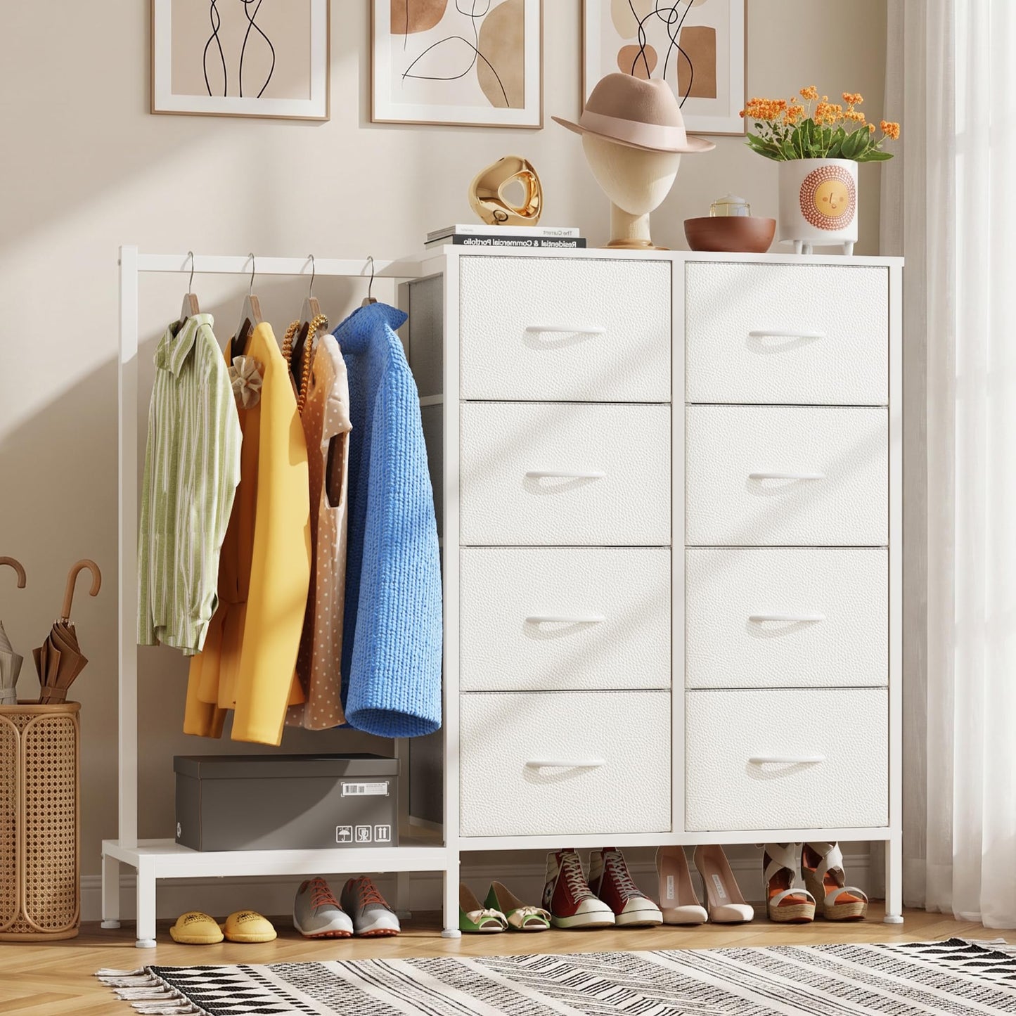 HIGDBFE Tall Dresser 44''H with Hanging Rack, 4 Drawers Small Closet Dresser for Bedroom, Reversible Fabric Chest of Drawers with Clothes Rack, Tall Storage Tower, Sturdy Frame, White