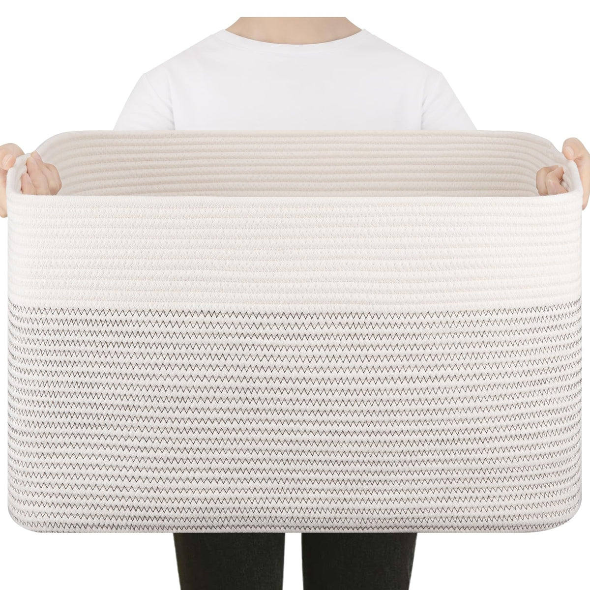 75L Large Cotton Rope Basket, Soft Toy Storage Bin for Nursery & Living Room, Decorative Blanket Basket for Bedroom, Baby-Safe Organizer for Pillows &Laundry, 22''×17''×12'', Brown and White