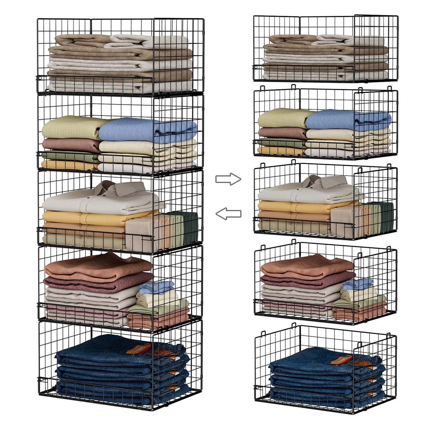 Yociyoga 5-Tier Stackable Closet Organizers and Storage Basket - Foldable Closet Shelf Organizer System, Space-Saving Clothes Storage Bins Drawer Organizer for Wardrobe, White (Patent 30022416)
