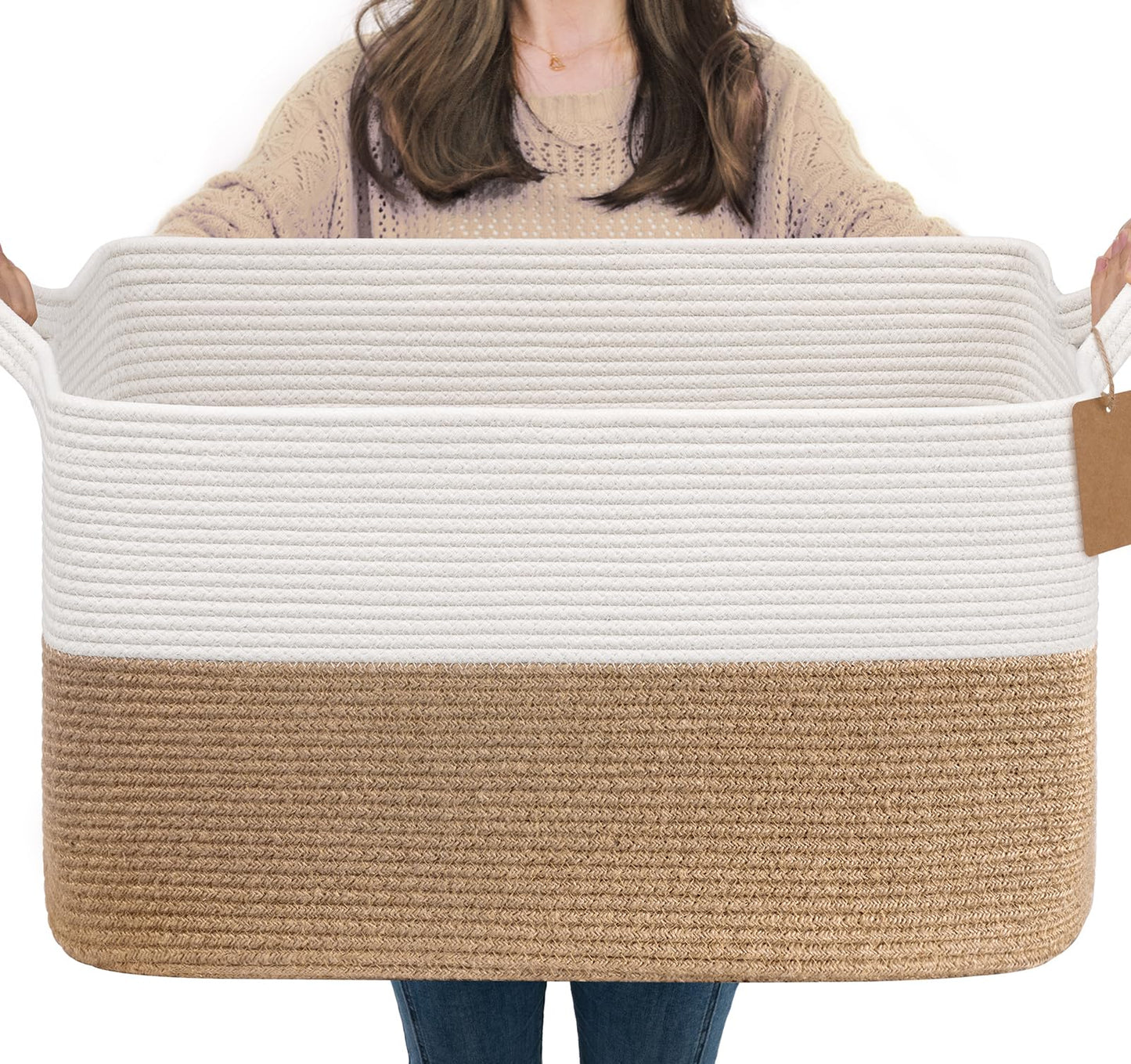 Goodpick Woven Rope Storage Basket for Shelves, Rectangle, Light Brown