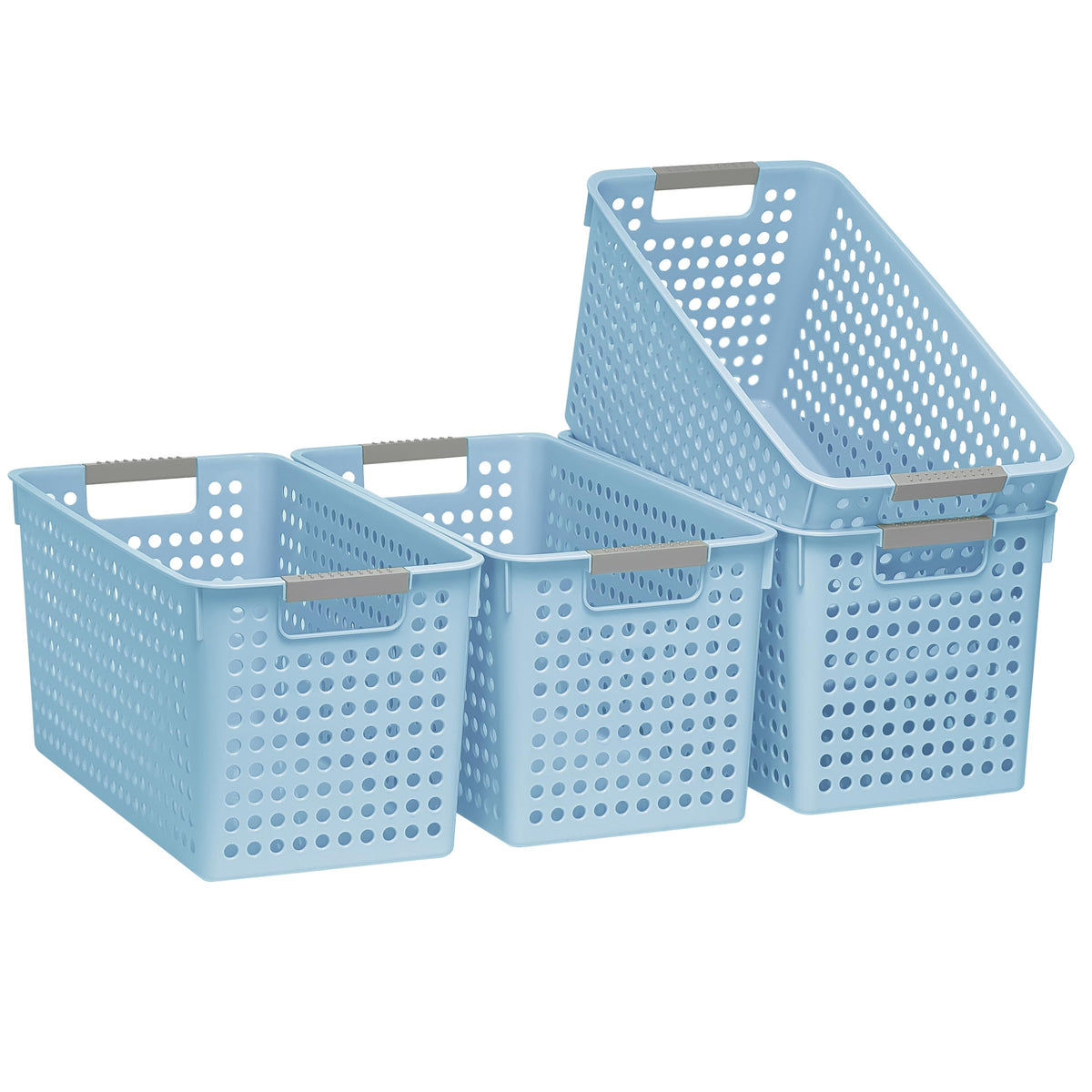 Soddeph 4 Pack Slim Plastic Storage Basket with Handles, Rectangular Storage Bins for Shelves,Narrow Organizer box for Organizing, Kitchen,Home,Office (White, Small)