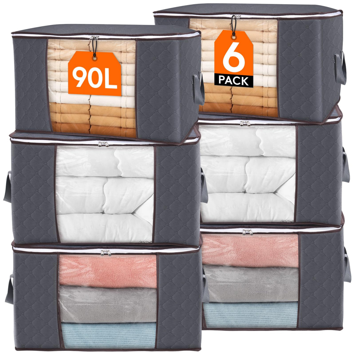 Lifewit 6 Pack Clothes Storage Bins with Lids, Foldable Blanket Storage Bags with Zippers, Clear Window and Reinforced Handles, Closet and Organization for Clothing, Sweater, Comforter, Bedding