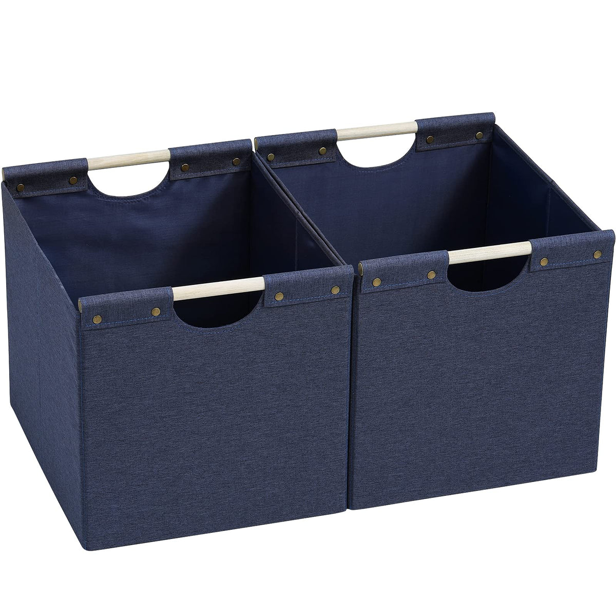 HOONEX Large Collapsible Storage Bins, Linen Fabric, Pack of 2, Storage Baskets with Wooden Carry Handles and Sturdy Heavy Cardboard, for Home, Office, Car, Nursery, Black