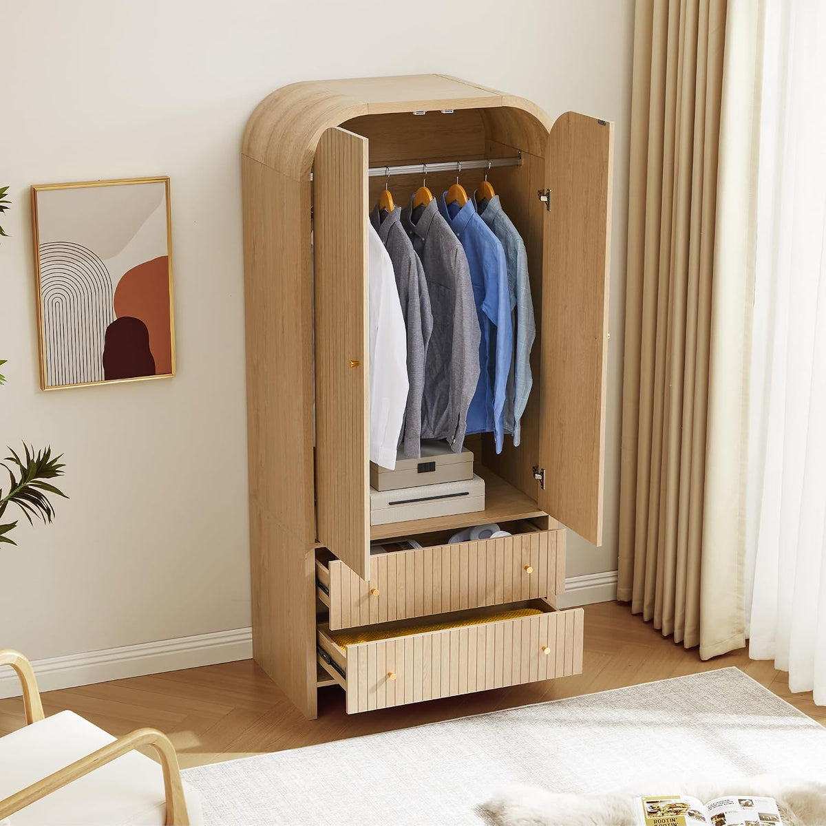 LEVNARY Arched Armoire Wardrobe Closet, Mid-Century Modern 2-Door Freestanding Wardrobe with Hanging Rod and 2 Drawers, Fluted Carved Clothing Storage Cabinet for Bedroom (Natural)
