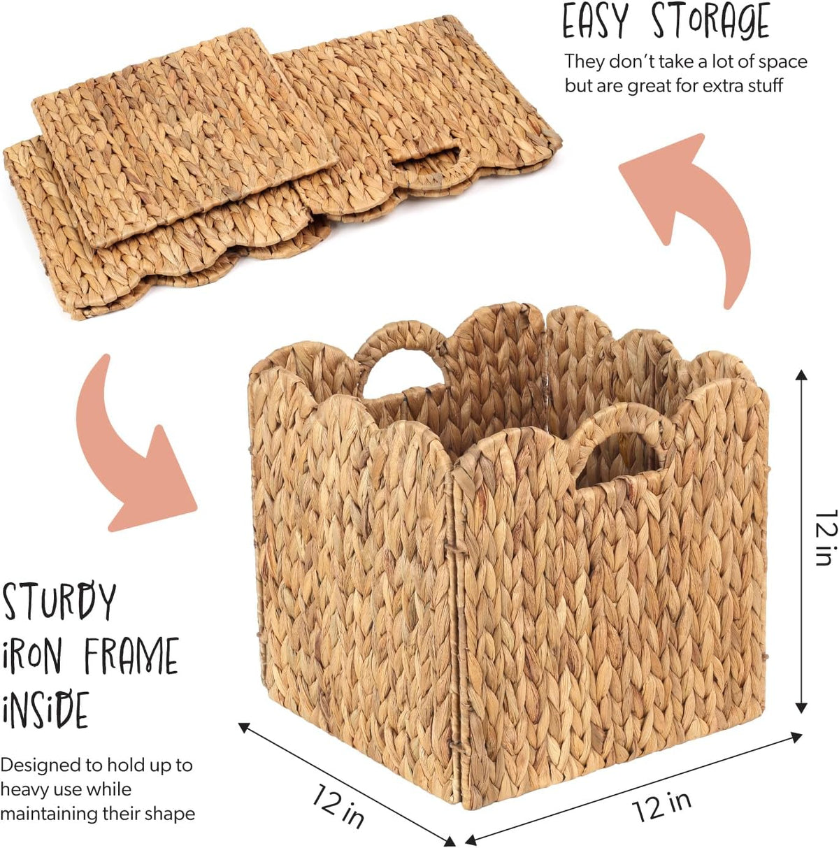 Set of 4 Foldable Scalloped Water Hyacinth Storage Cubes Basket, Storage Cube Bins -12"x12"x12", Collapsible Cube Organizers, Water Hyacinth Woven Bins for Bathroom, Bedroom, Laundry, Pantry, Shelves
