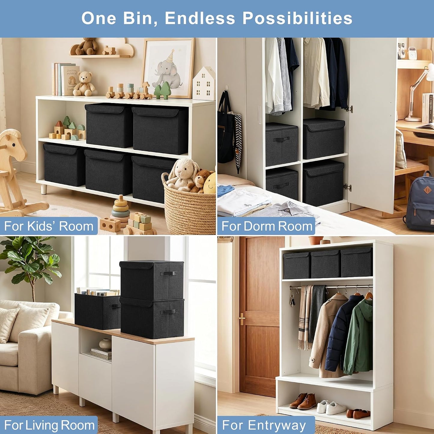 Bagnizer Large 22 Quart Linen Fabric Foldable Storage Bin Cube Organizer Basket with Flip-Top Lid & Handles, Clothes Blanket Box for Home, Office, Closet, Black, 4 Pack 14.6 x 9.5 x 9.5”