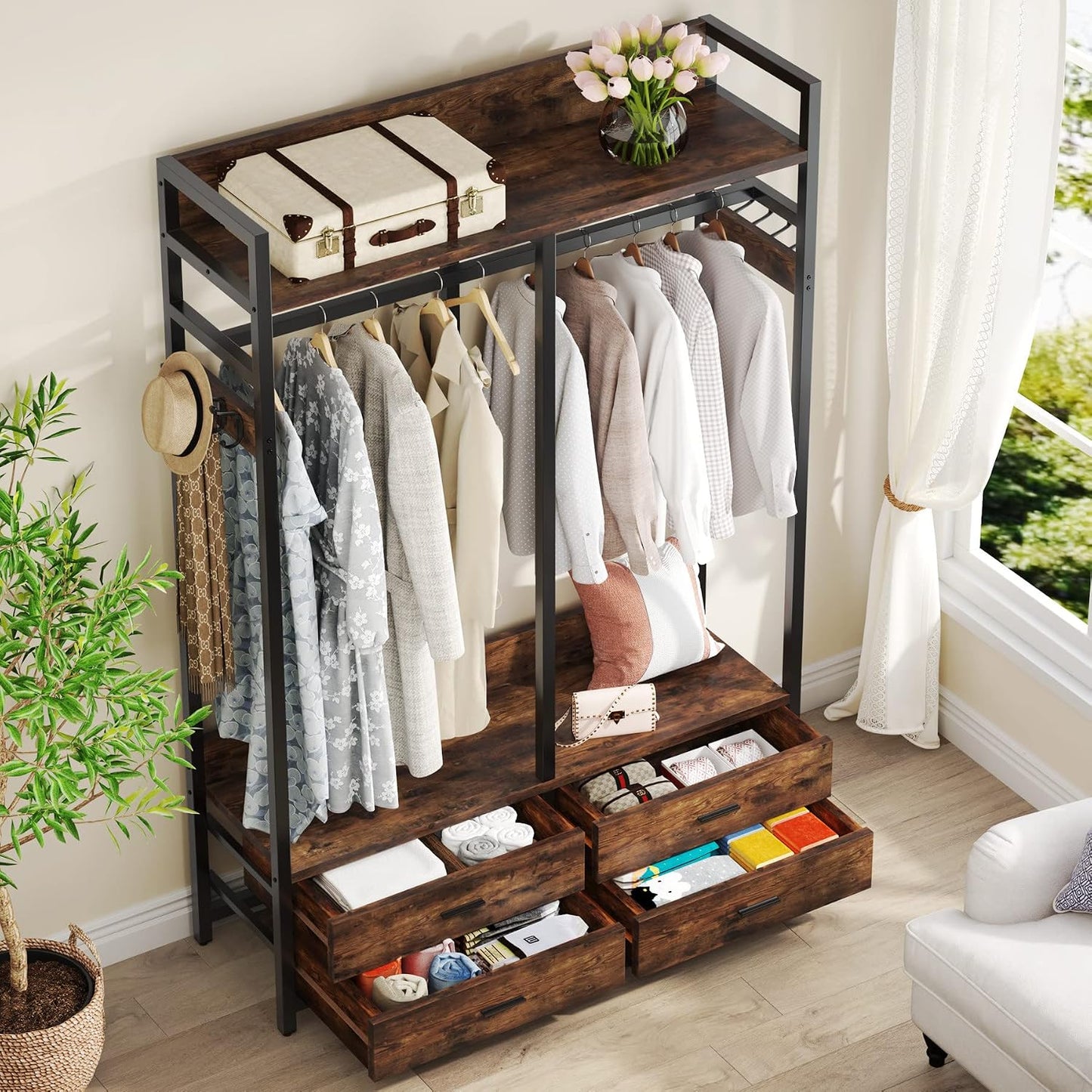 Tribesigns Freestanding Closet Organizer, Garment Rack with 4 Drawers