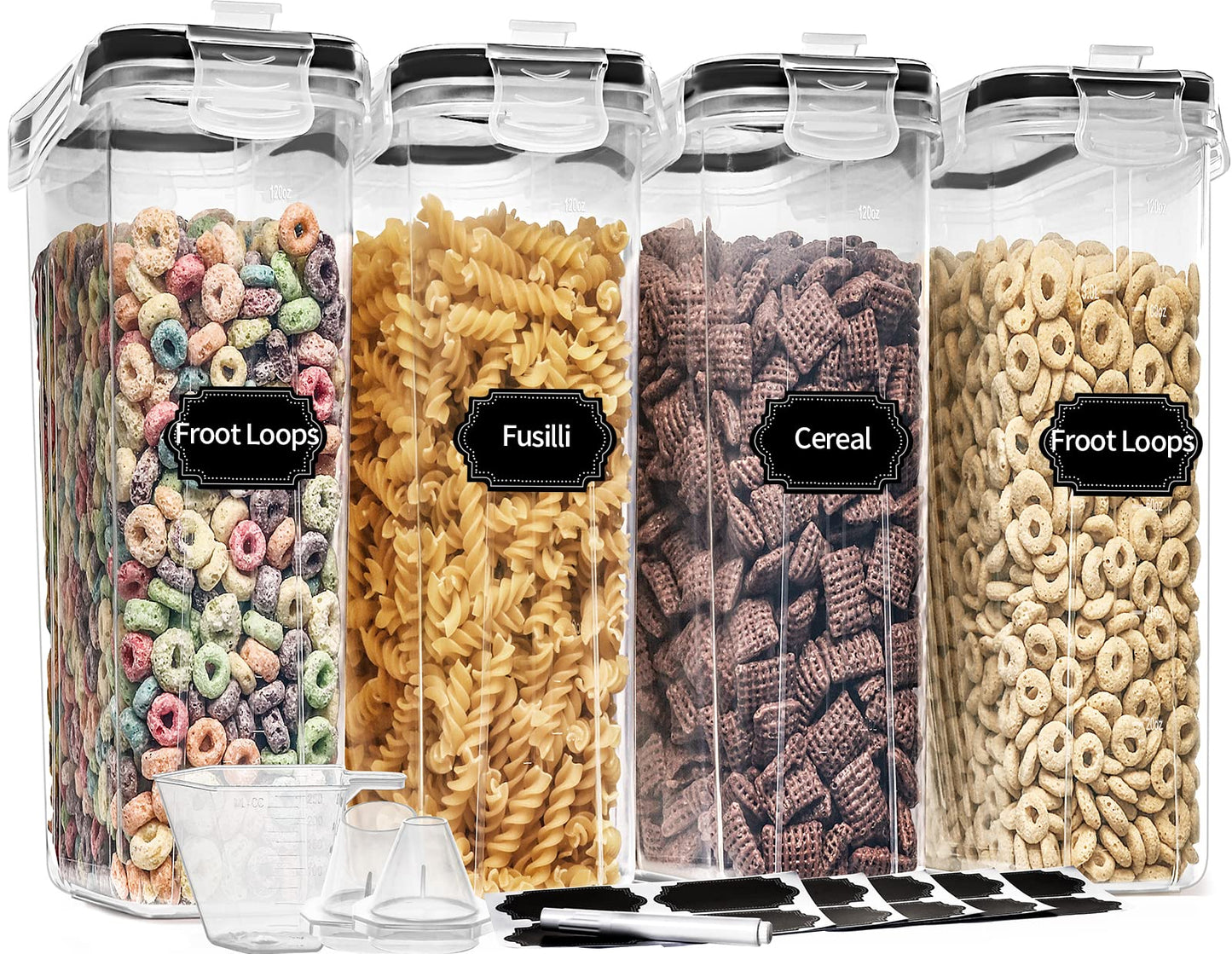 PRAKI Large Dry Food Storage Containers with Lids, 6PCS Airtight Cereal Containers Storage Set, Leak-proof Canister Set for Kitchen Pantry Organization with 20 Labels & Marker (4L Black)
