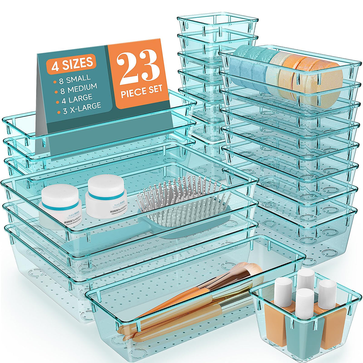 StorMiracle 28 PCS Clear Plastic Drawer Organizers Set, 4 Size Desk Drawer Organizer Trays for Makeup, Jewelry, Kitchen Utensils, Gadgets and Office Accessories