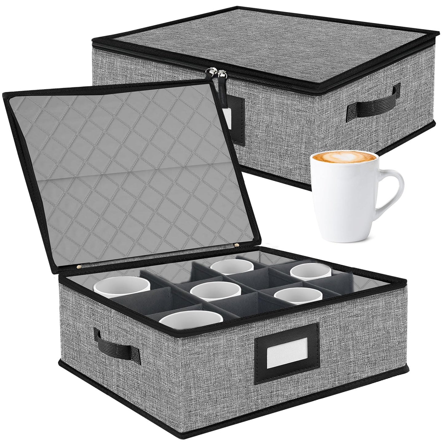 China Storage Containers-Quilted Dish Storage Containers with Lid Hard Shell for Moving Transport, Dinnerware Storage,Stackable Plate Storage,24 Felt Plate Dividers Included,2PACK 12*12*8in