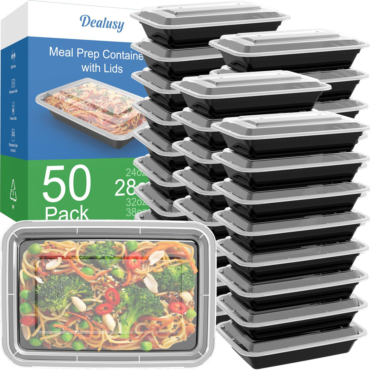 Dealusy 50 Pack (100-Piece) 24 oz Meal Prep Containers Reusable with Lids