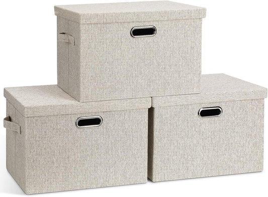 Graciadeco Large Quart Collapsible Stackable Storage Bins with Lids, 3 Packs Beige Linen Fabric Closet Boxes with Lids, Storage Cube Baskets Container Organizers for Bedroom Office(16.6 x 11.7 x 10.8)