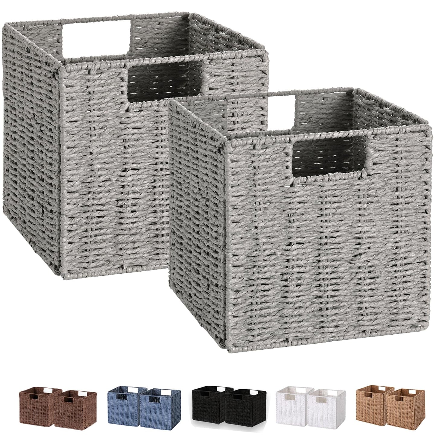 Vagusicc Wicker Storage Basket, Set of 2 Hand-Woven Storage Baskets for Shelves, Foldable Cube Storage Baskets Bins with Handles, 9 inch Small Wicker Baskets for Organizing Pantry Bedroom, Brown