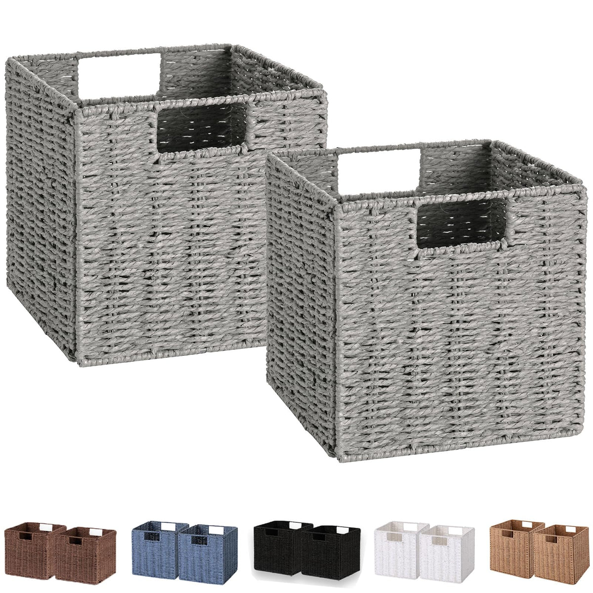 Vagusicc Wicker Storage Basket, Set of 2 Hand-Woven Storage Baskets for Shelves, Foldable Cube Storage Baskets Bins with Handles, 9 inch Small Wicker Baskets for Organizing Pantry Bedroom, Brown
