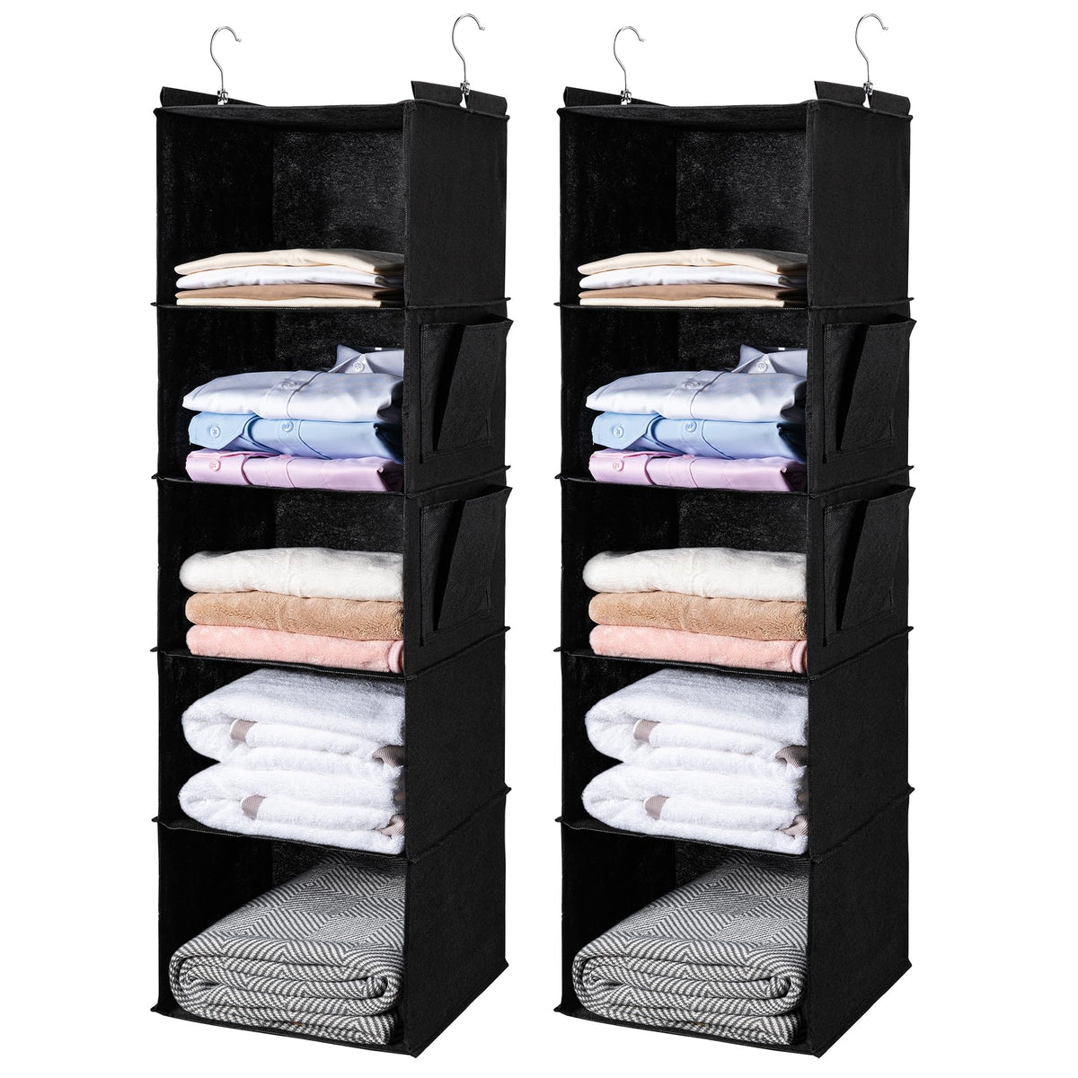 BOOMIBOO Hanging Closet Organize and Shelves，5-Hanging Shelf with 2 Side Pockets，Storage Foldable （Grey）