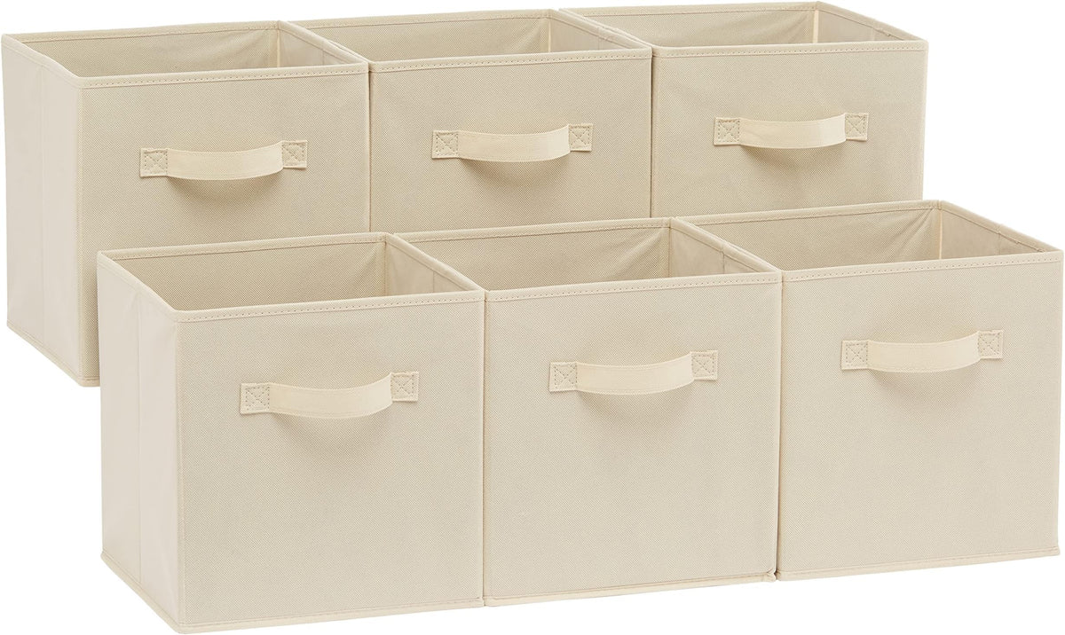 Amazon Basics Collapsible Fabric Storage Cube Bins Organizer with Handles for Organization and Organizing Solution, 13"x13"x13", Beige, 6-Pack