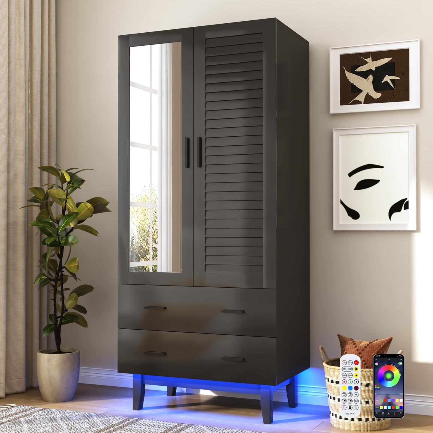 jiteentarou 4 Door Armoire Wardrobe Closet Cabinet with Drawers and LED Lights, Multi-Tier Shelves, Hanging Rod & 4 Louver Doors, Large Capacity Storage Wardrobe Armoire for Bedroom(4 Doors White)