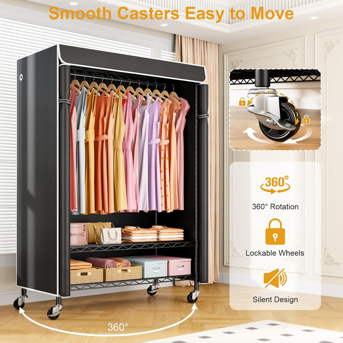ULIFHOME P6C Plus Rolling Clothes Rack with Cover, Covered Clothing Rack