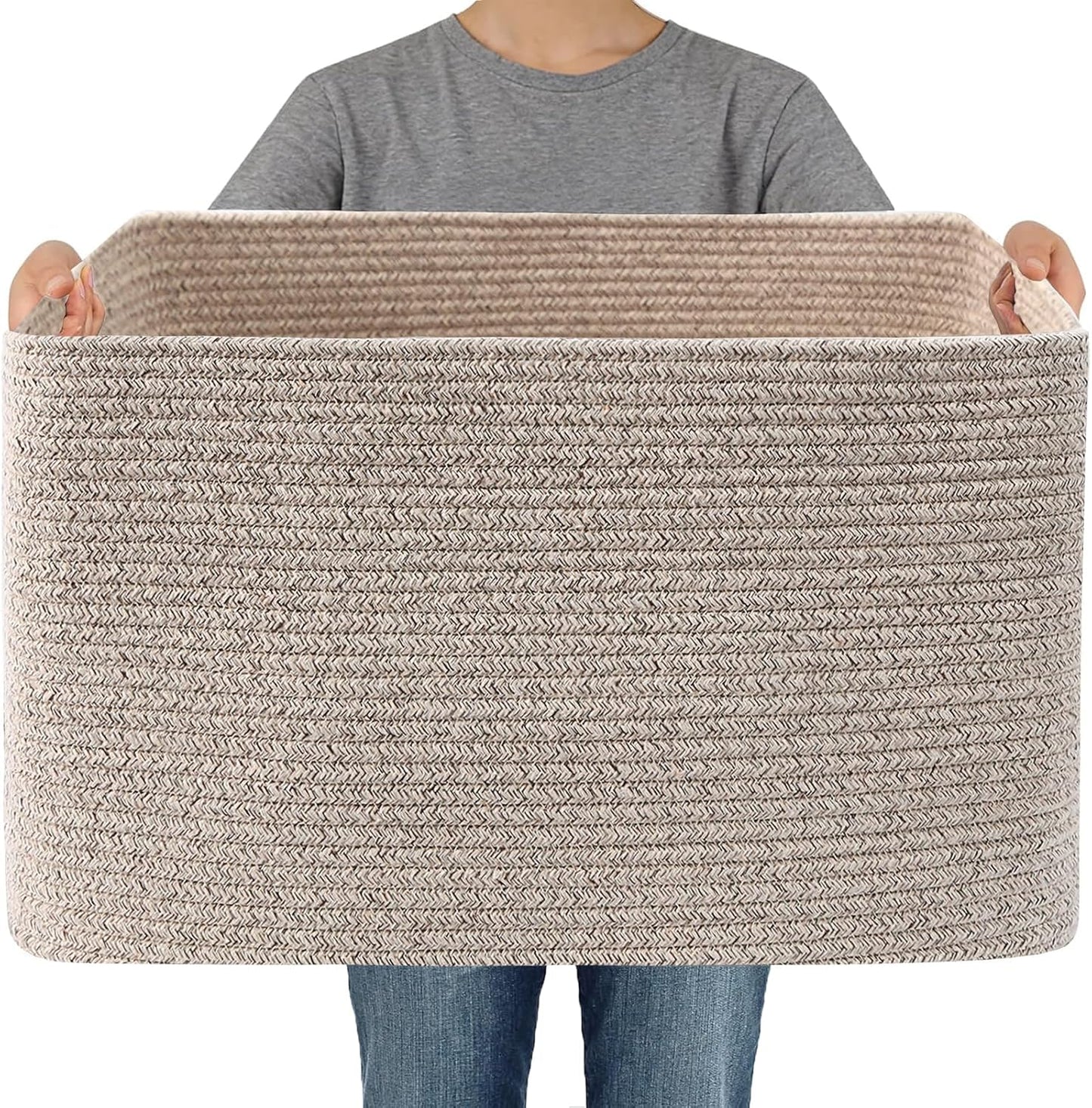 JMvicyroam 65L Large Woven Cotton Rope Blanket Basket, Oatmeal