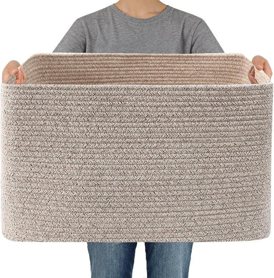 JMvicyroam 65L Large Woven Cotton Rope Blanket Basket, Oatmeal